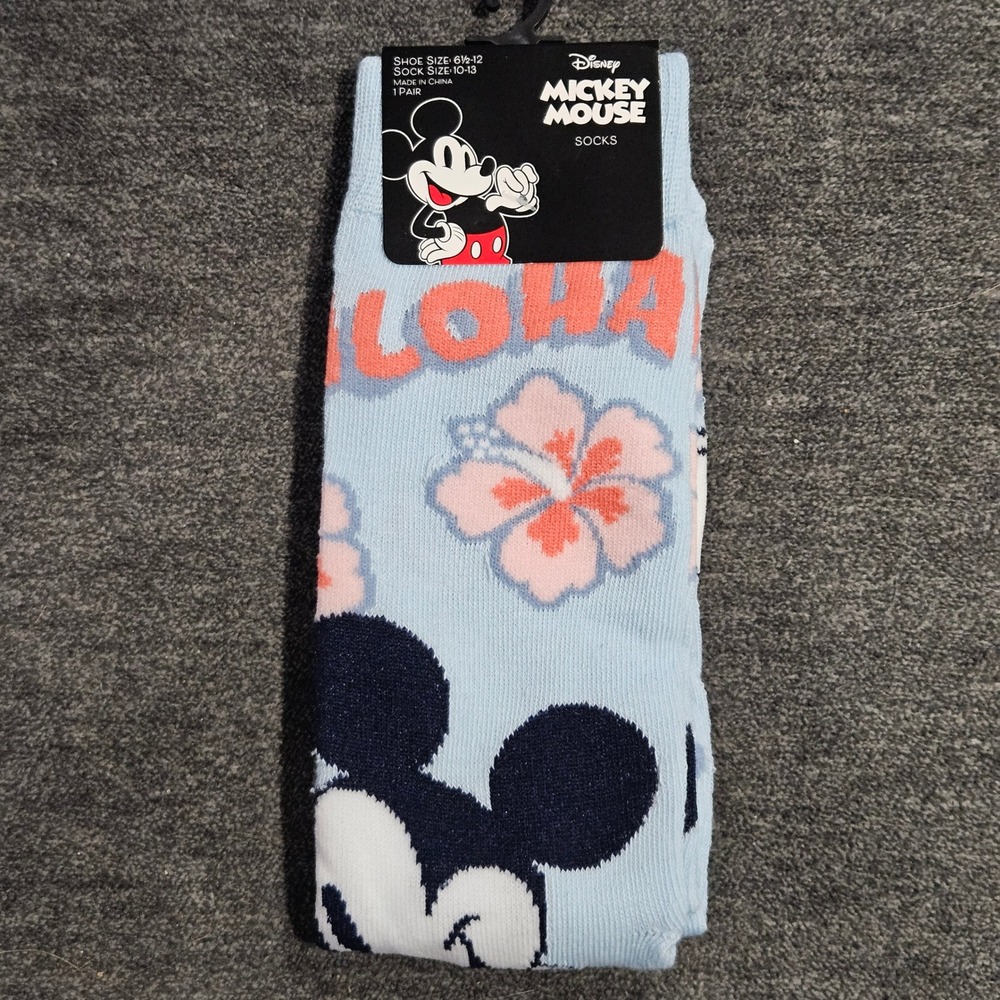Disney Mickey Mouse Aloha Tropical Hibiscus Blue Crew Socks Mens Size 10-13 NEW
